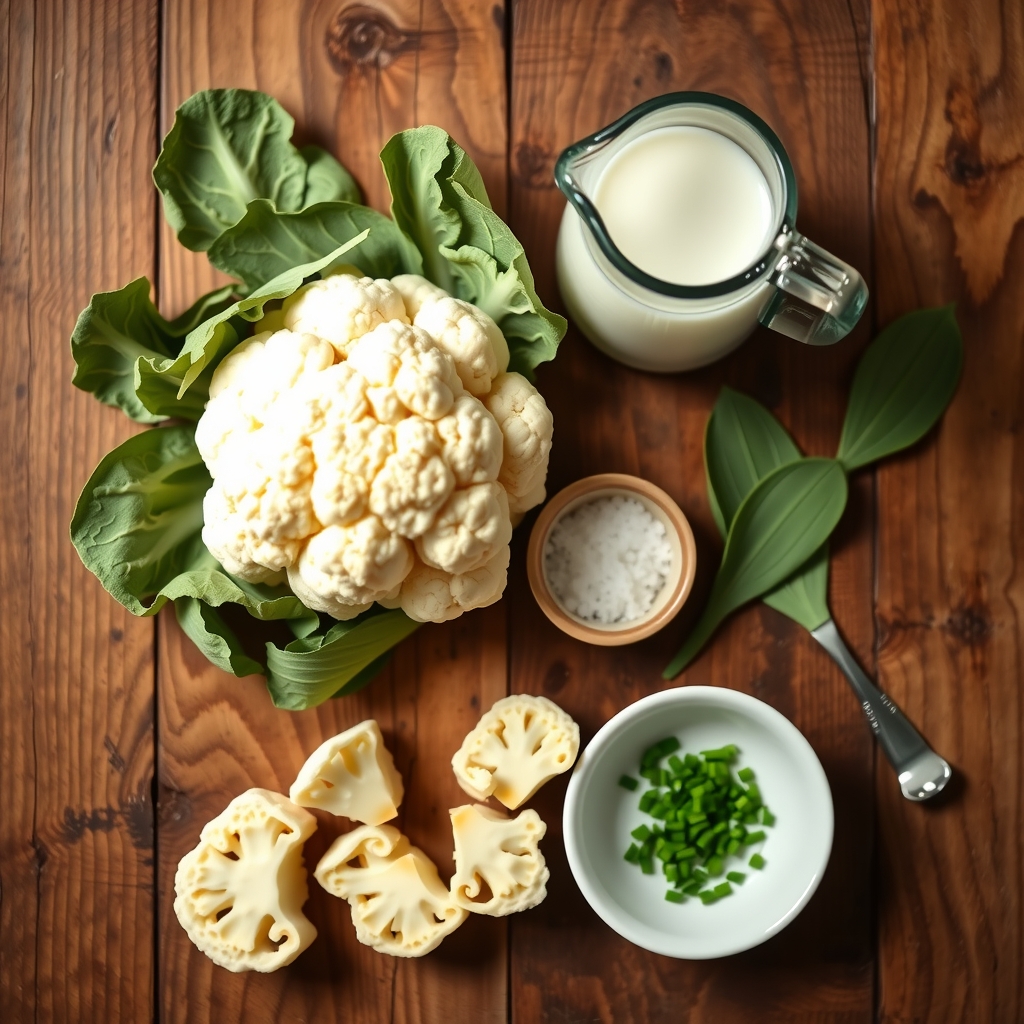 Ingredientes crus do purê de couve-flor: couve-flor inteira, leite, folhas de louro, sal e cebolinha picada sobre a bancada
