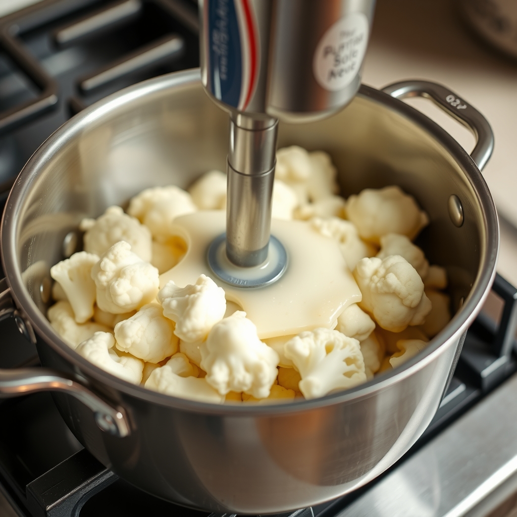 Couve-flor cozida sendo batida com mixer dentro da panela até formar um purê cremoso