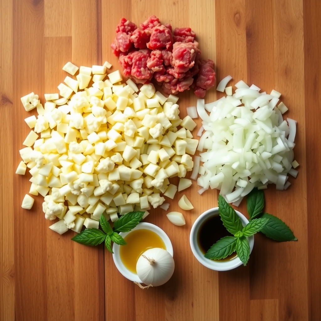 Ingredientes crus do quibe de couve-flor: carne moída, couve-flor picada, cebola, alho e hortelã sobre a bancada