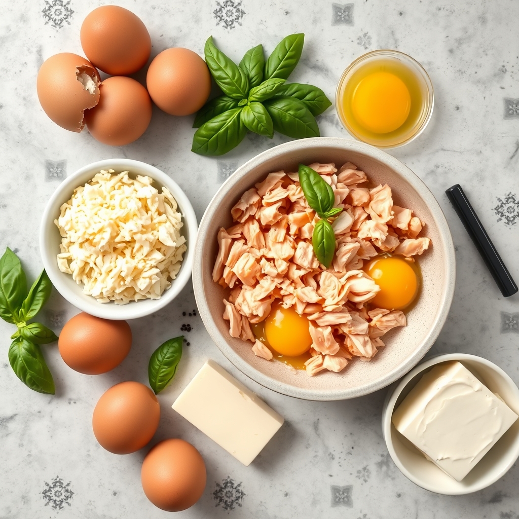 Ingredientes crus da quiche de frango: ovos, frango desfiado, queijos e manjericão sobre a bancada