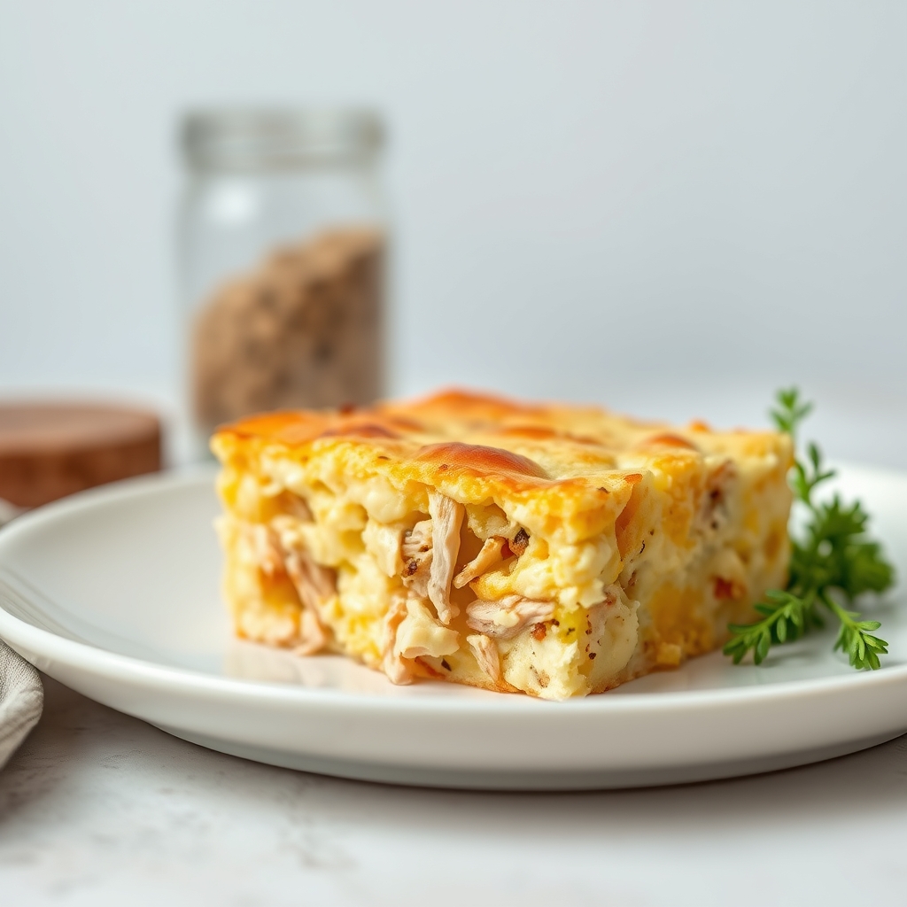Fatia da quiche de frango low carb mostrando o recheio de ovo, queijo e frango desfiado