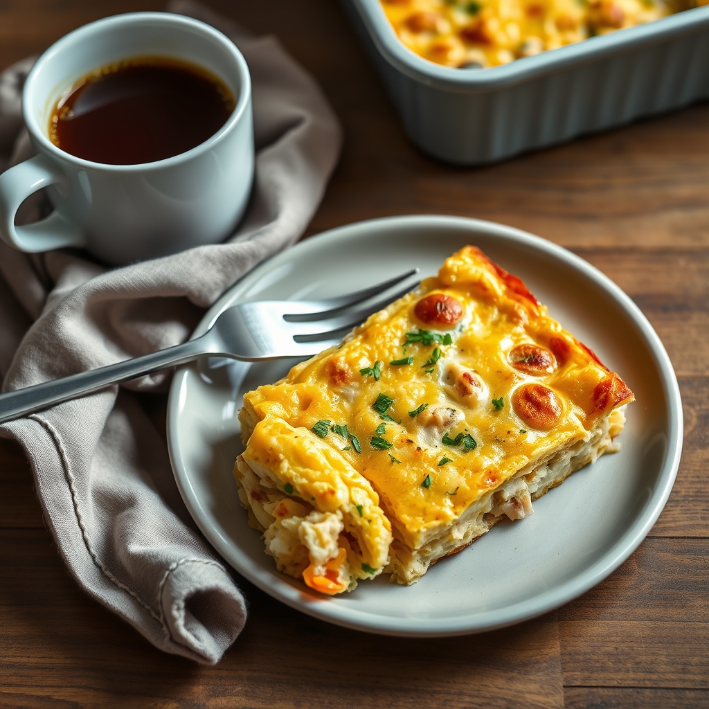 Fatia de quiche de frango servida em prato com garfo e uma xícara de café ao lado