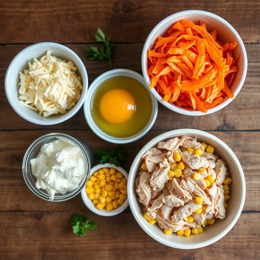 Ingredientes do rocambole de frango low carb: cenoura ralada, muçarela, ovo, frango desfiado, cream cheese e milho