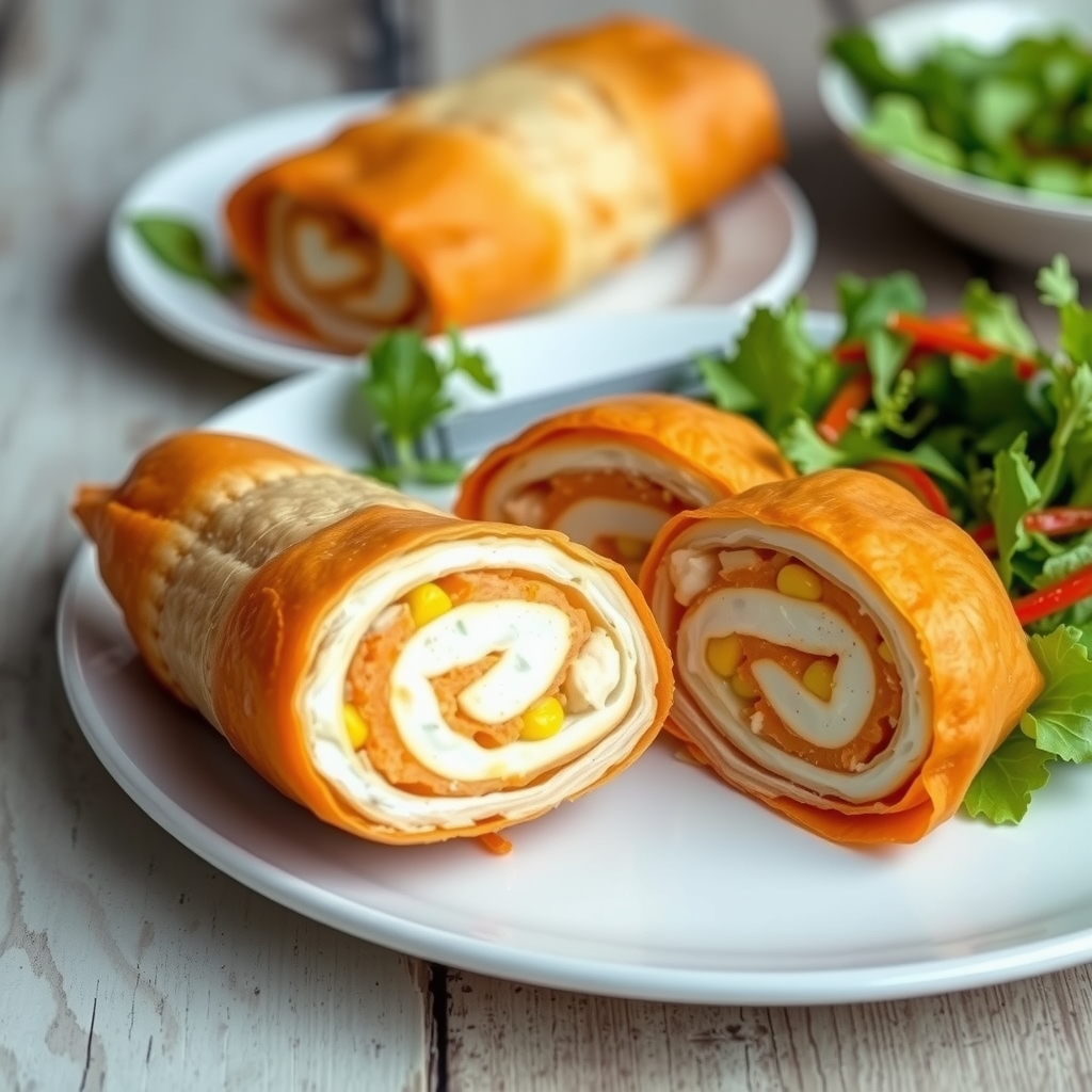 Fatias de rocambole de frango low carb mostrando o recheio em espiral, servidas com salada verde