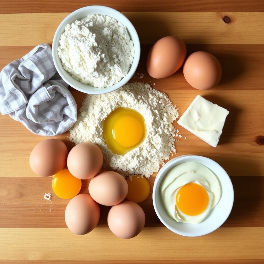 Ovos, farinha de nozes, cream cheese e doce de leite organizados sobre a bancada