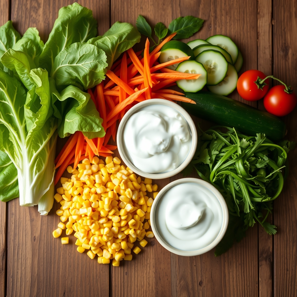 Ingredientes crus da salada proteica organizados sobre bancada: alface, cenoura, pepino, tomate, milho e iogurte natural