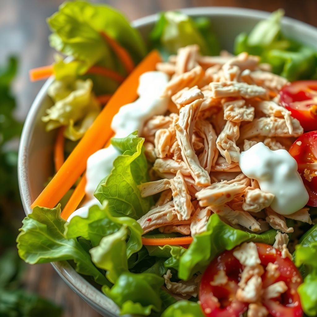 Close-up da salada proteica com frango desfiado, tomate e molho de iogurte