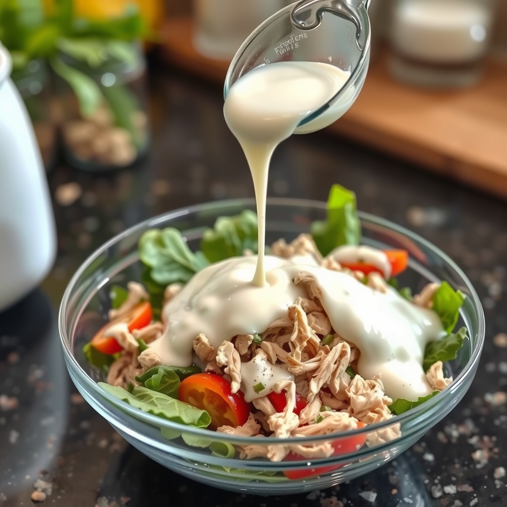 Molho de iogurte sendo despejado sobre a salada com frango e legumes em uma tigela