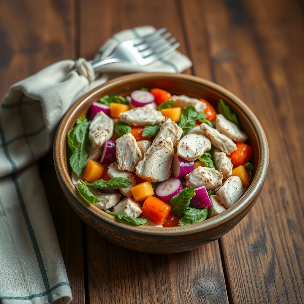 Salada proteica fit com frango servida em tigela de cerâmica com guardanapo e garfo ao lado