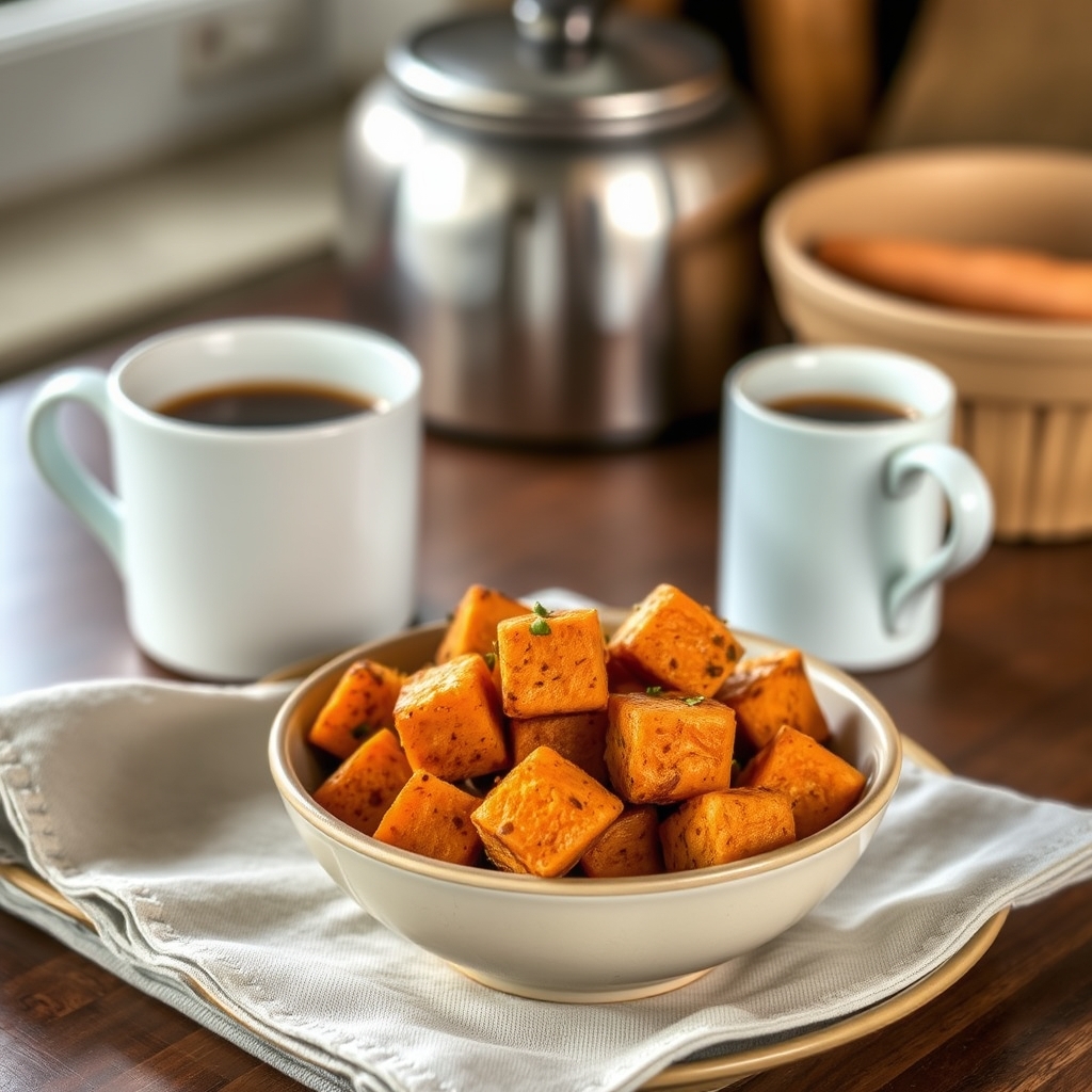 Prato pronto: Salgadinho fit de batata-doce, servido com uma xícara de café