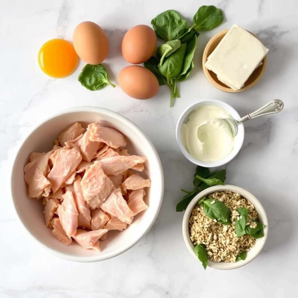 Ingredientes crus organizados sobre a bancada: frango, ovos, espinafre, requeijão e farelo de aveia