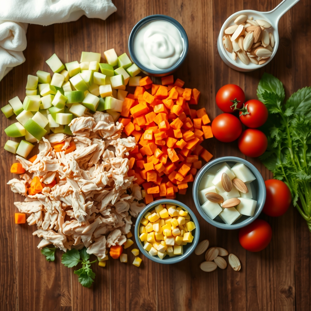 Ingredientes crus do salpicão fit de frango: frango desfiado, maçã, cenoura, milho, tomate-cereja e amêndoas organizados sobre a bancada