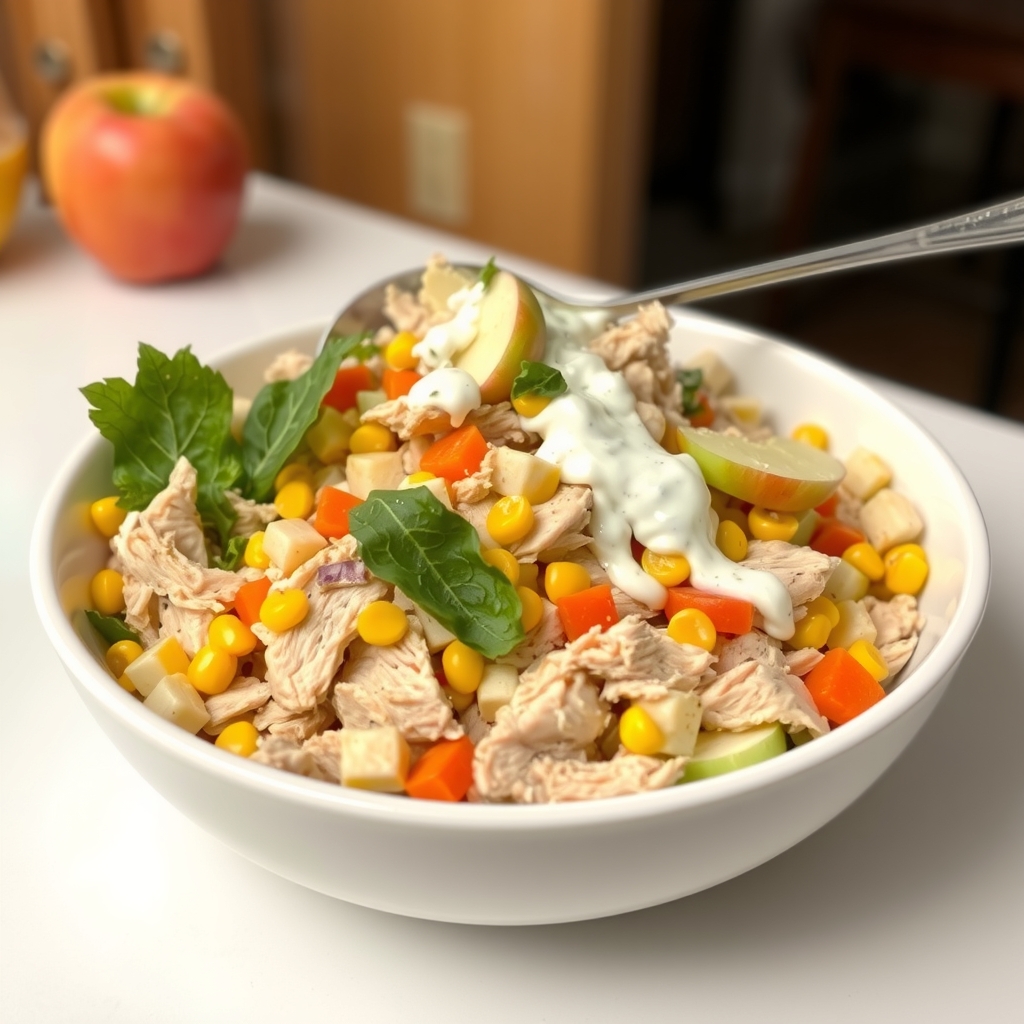 Salpicão fit de frango numa tigela branca, com molho de iogurte sendo misturado por cima dos legumes e do frango