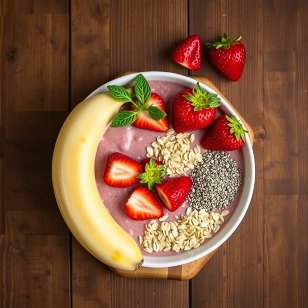 Ingredientes crus do smoothie bowl organizados sobre bancada de madeira: banana, morangos, aveia e chia