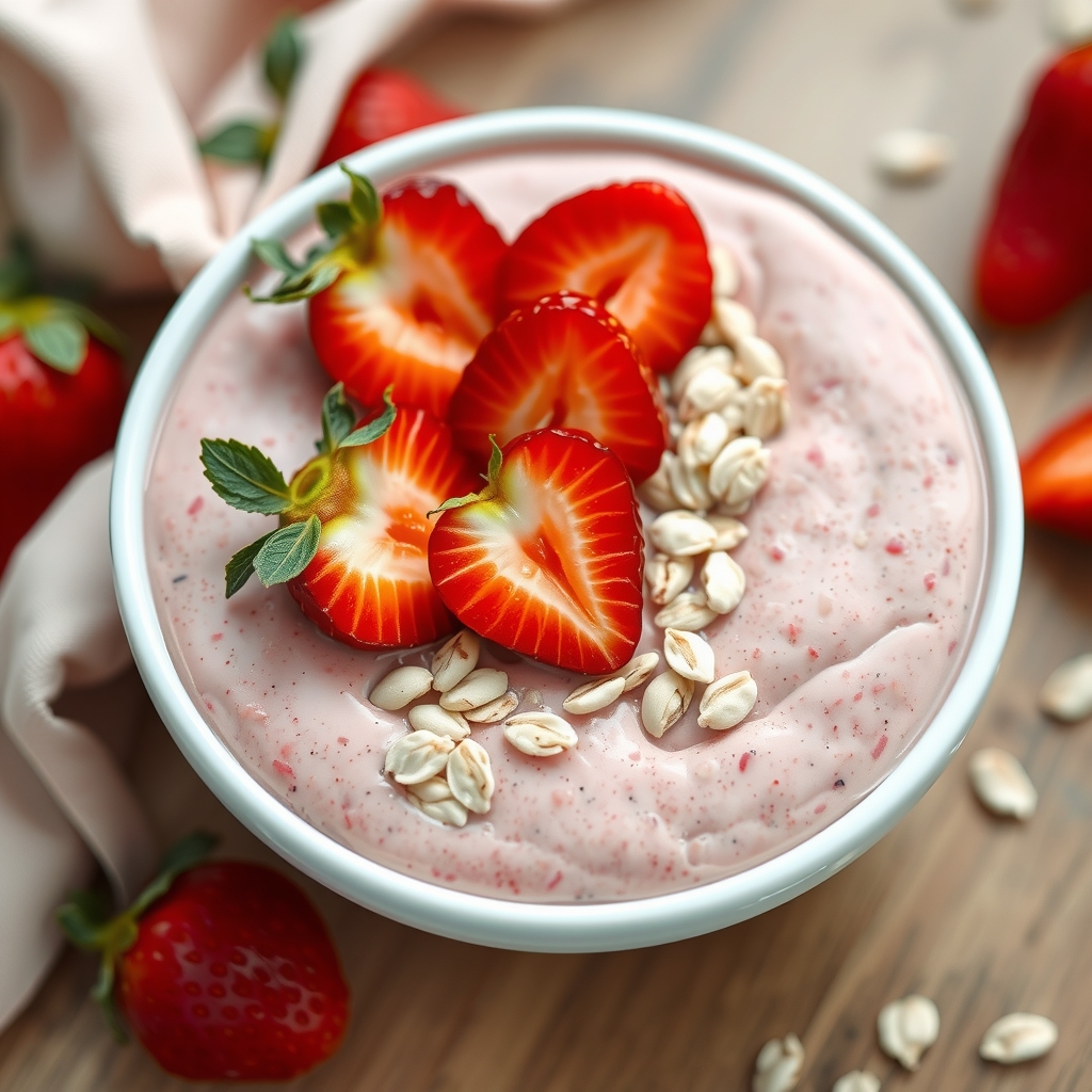 Close-up do smoothie bowl de morango, cremoso, decorado com fatias de morango, hortelã e aveia