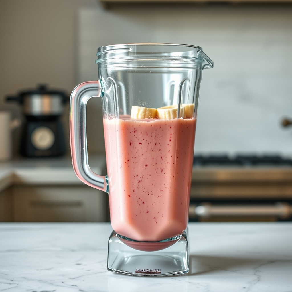 Smoothie de morango e banana sendo batido dentro de um liquidificador de vidro