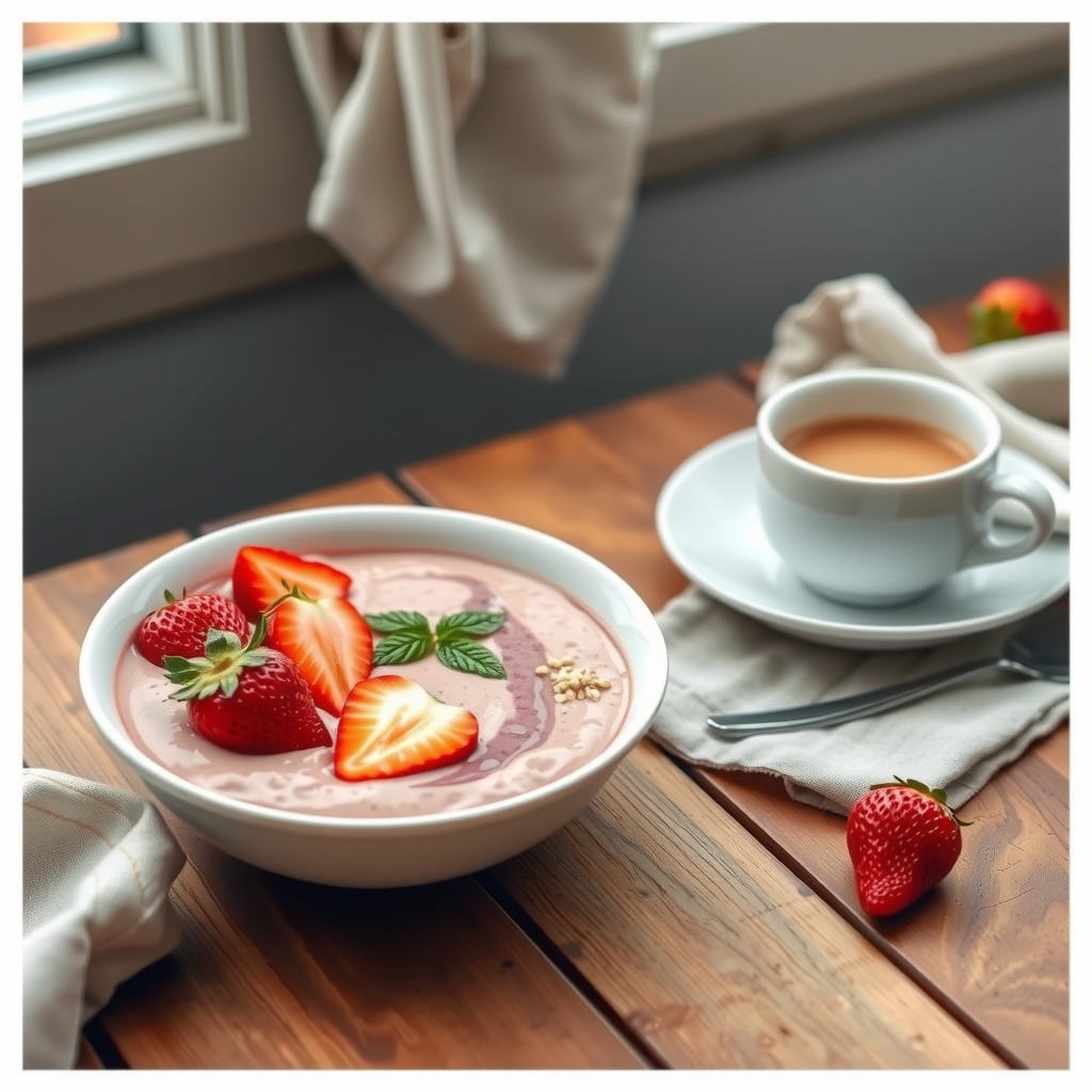 Smoothie bowl de morango servido em tigela branca sobre mesa de madeira, ao lado de uma xícara de café