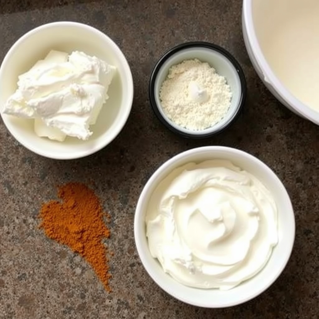 Ingredientes crus: cream cheese, farinha de amêndoas, canela em pó e iogurte natural em tigelas sobre a bancada