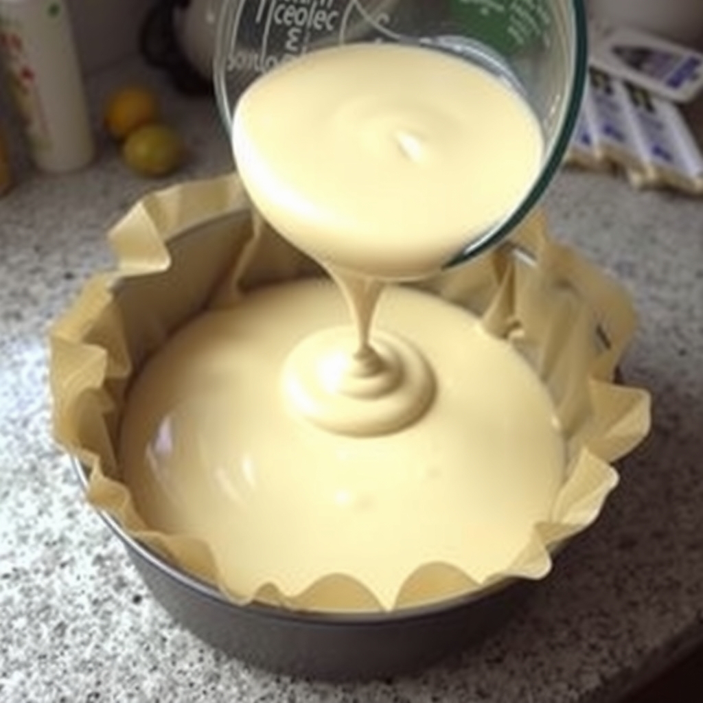 Creme de cream cheese sendo despejado numa forma forrada com papel-manteiga, antes de ir à geladeira