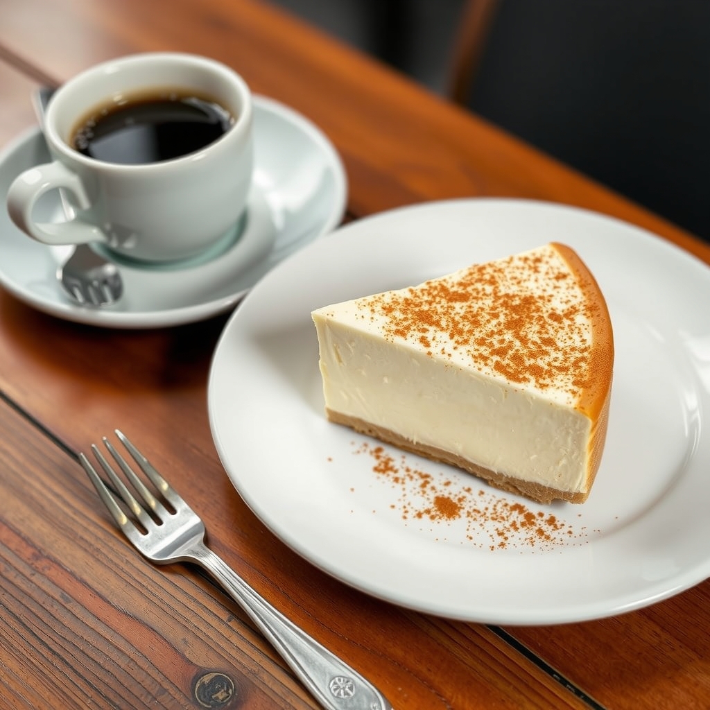 Fatia da sobremesa gelada de cream cheese polvilhada com canela, servida num prato branco com uma xícara de café