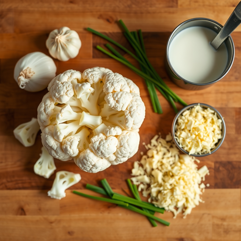Ingredientes crus da sopa creme de couve-flor: couve-flor inteira, alho, cebola, creme de leite, parmesão ralado e cebolinha sobre a bancada