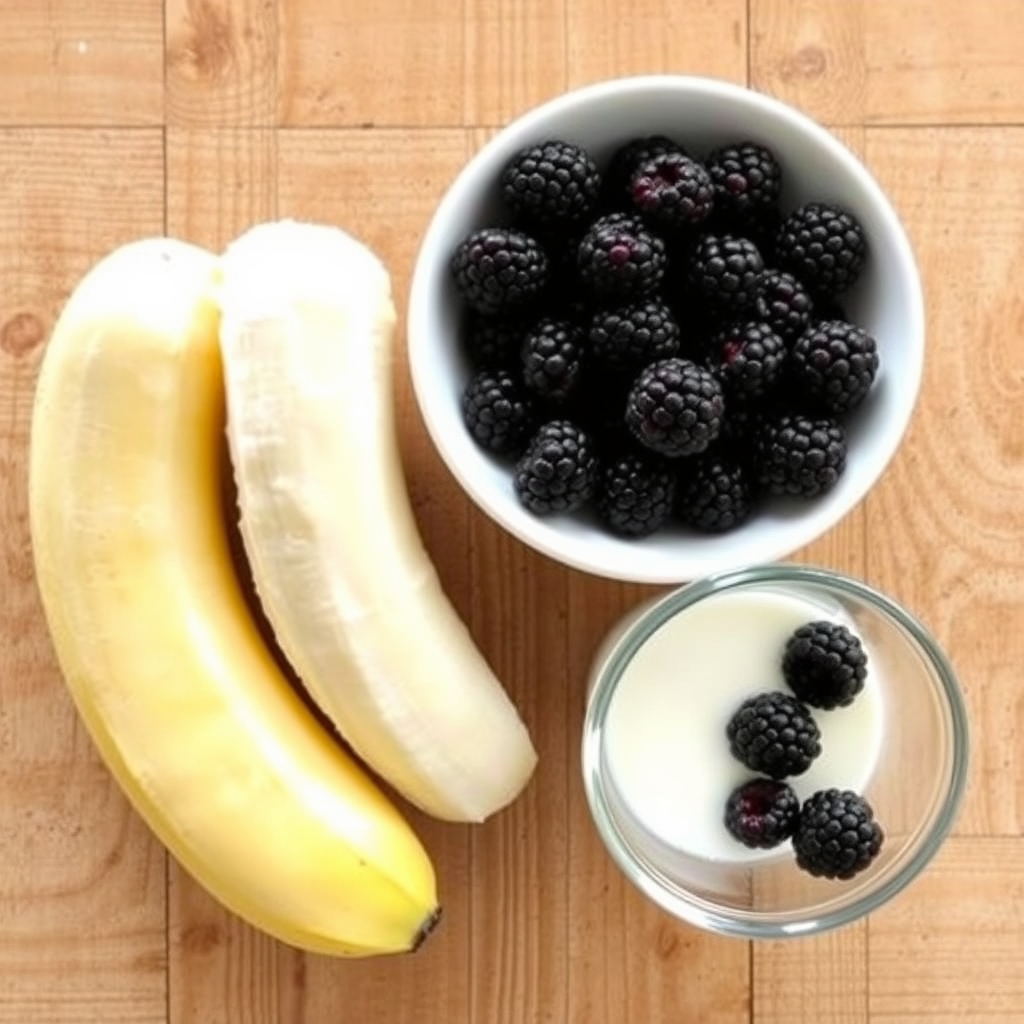 Ingredientes crus do sorvete de amora organizados sobre bancada de madeira: banana, amoras frescas e leite de coco