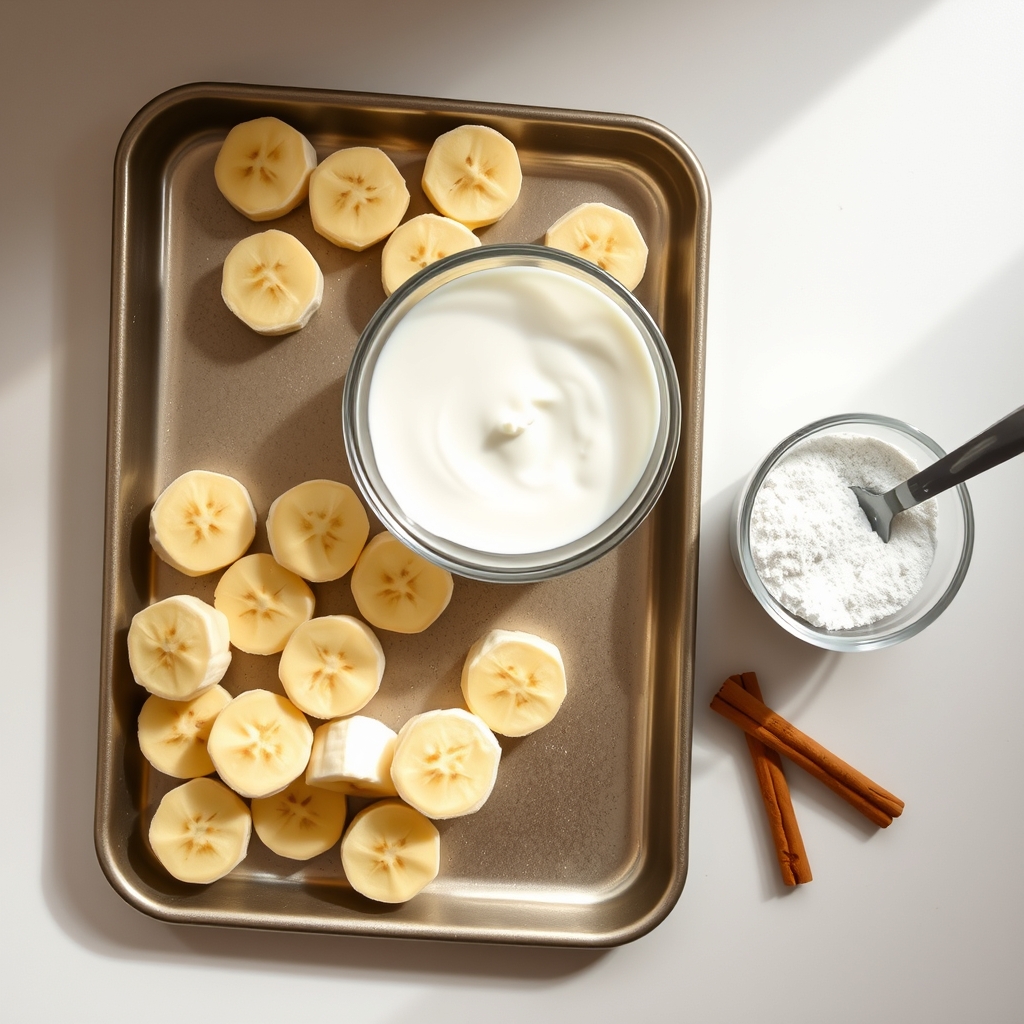 Rodelas de banana, iogurte natural, leite em pó e canela em pau organizados sobre a bancada