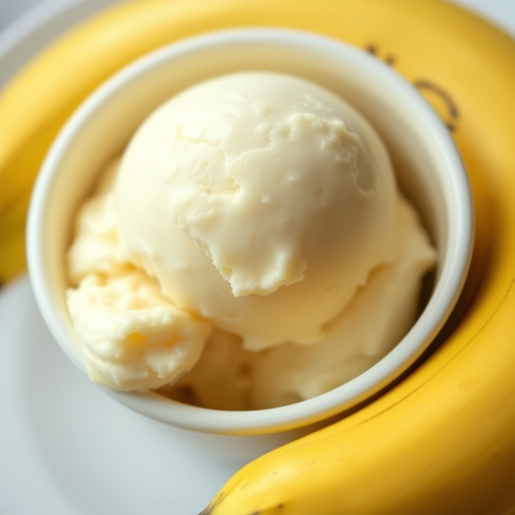 Bola de sorvete de banana cremoso em um ramequim branco ao lado de uma banana madura