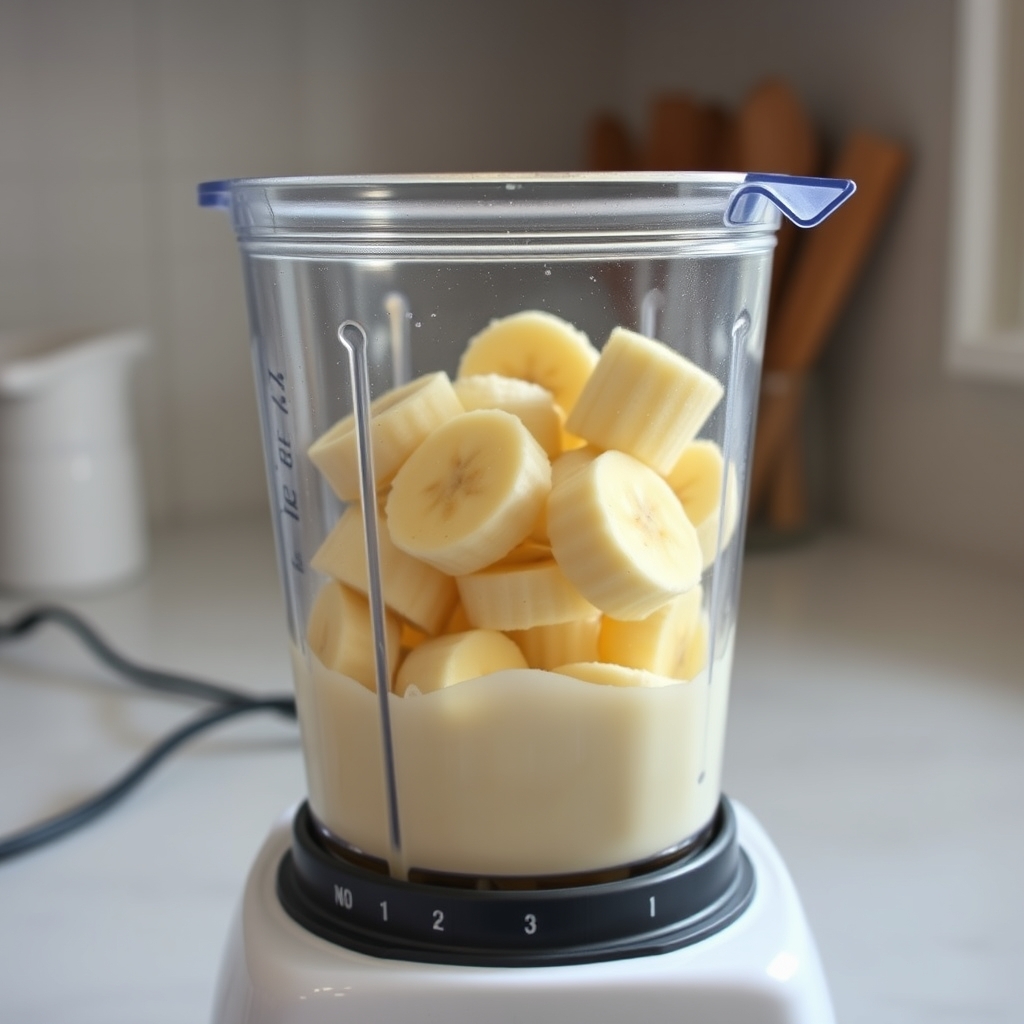 Copo de liquidificador com rodelas de banana congelada prontas para bater