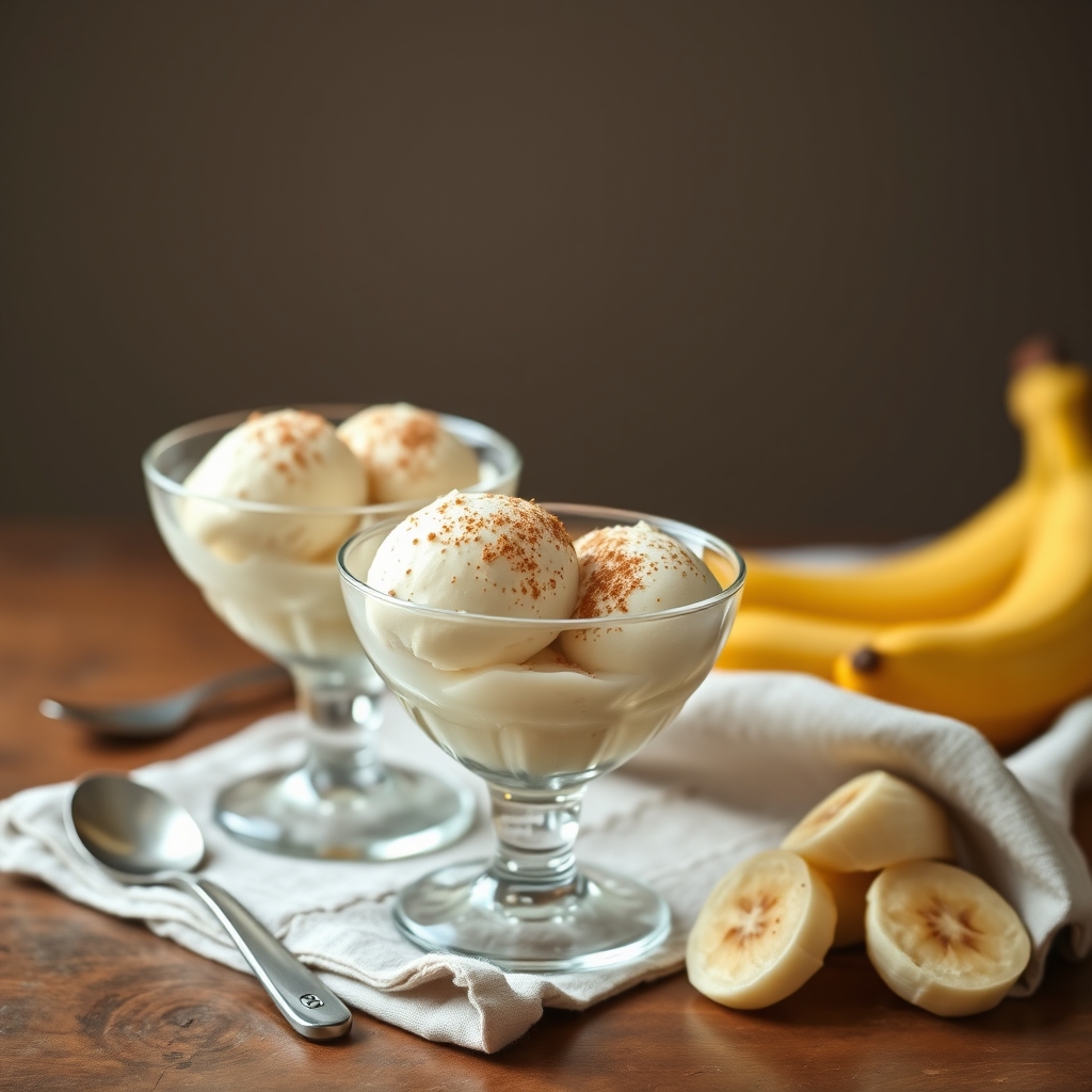 Duas taças de sorvete de banana com canela por cima, ao lado de bananas e um guardanapo de pano