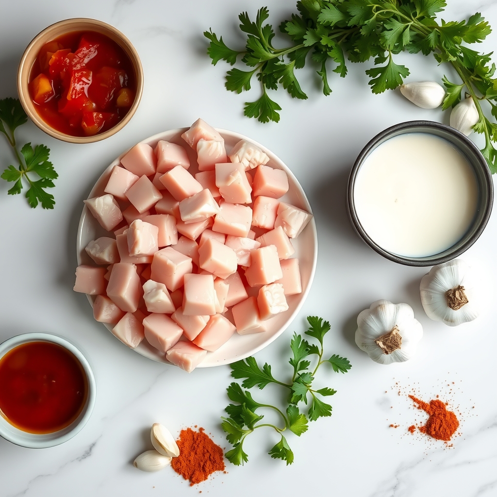 Ingredientes crus do strogonoff de frango fit: frango em cubos, creme de ricota, molho de tomate, alho e páprica sobre a bancada