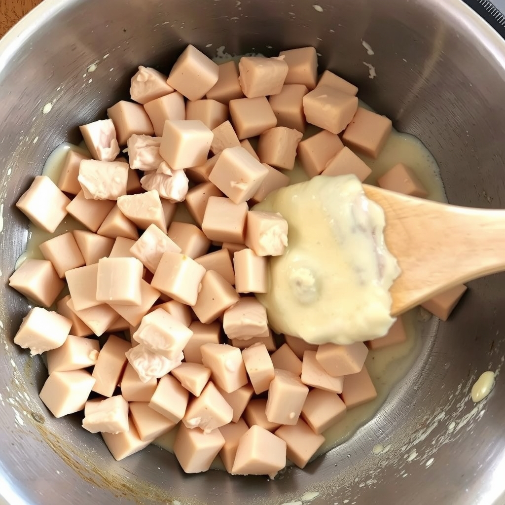 Cubos de frango sendo misturados com creme de ricota numa panela, preparo em andamento