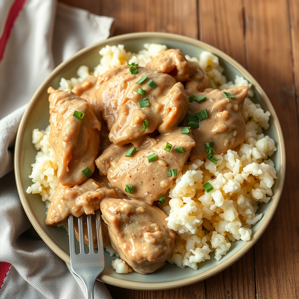 Strogonoff de frango fit servido sobre arroz de couve-flor, com cebolinha picada por cima
