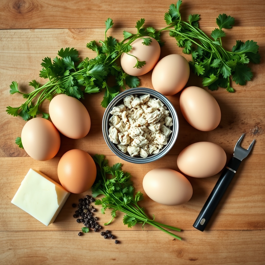 Ingredientes crus da torta de atum low carb organizados sobre bancada de madeira: atum, ovos, queijo e cheiro-verde