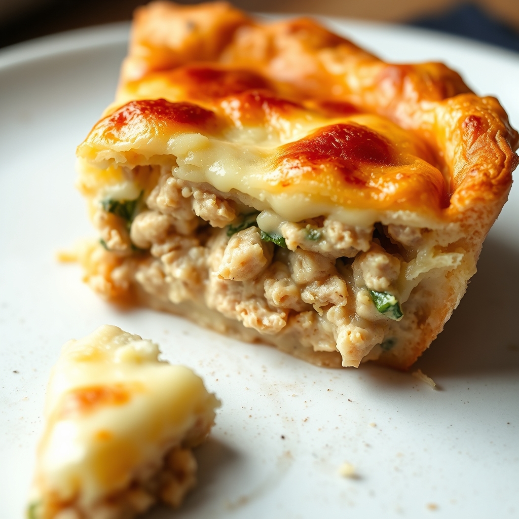 Fatia da torta de atum low carb em close-up, mostrando o recheio e a cobertura gratinada