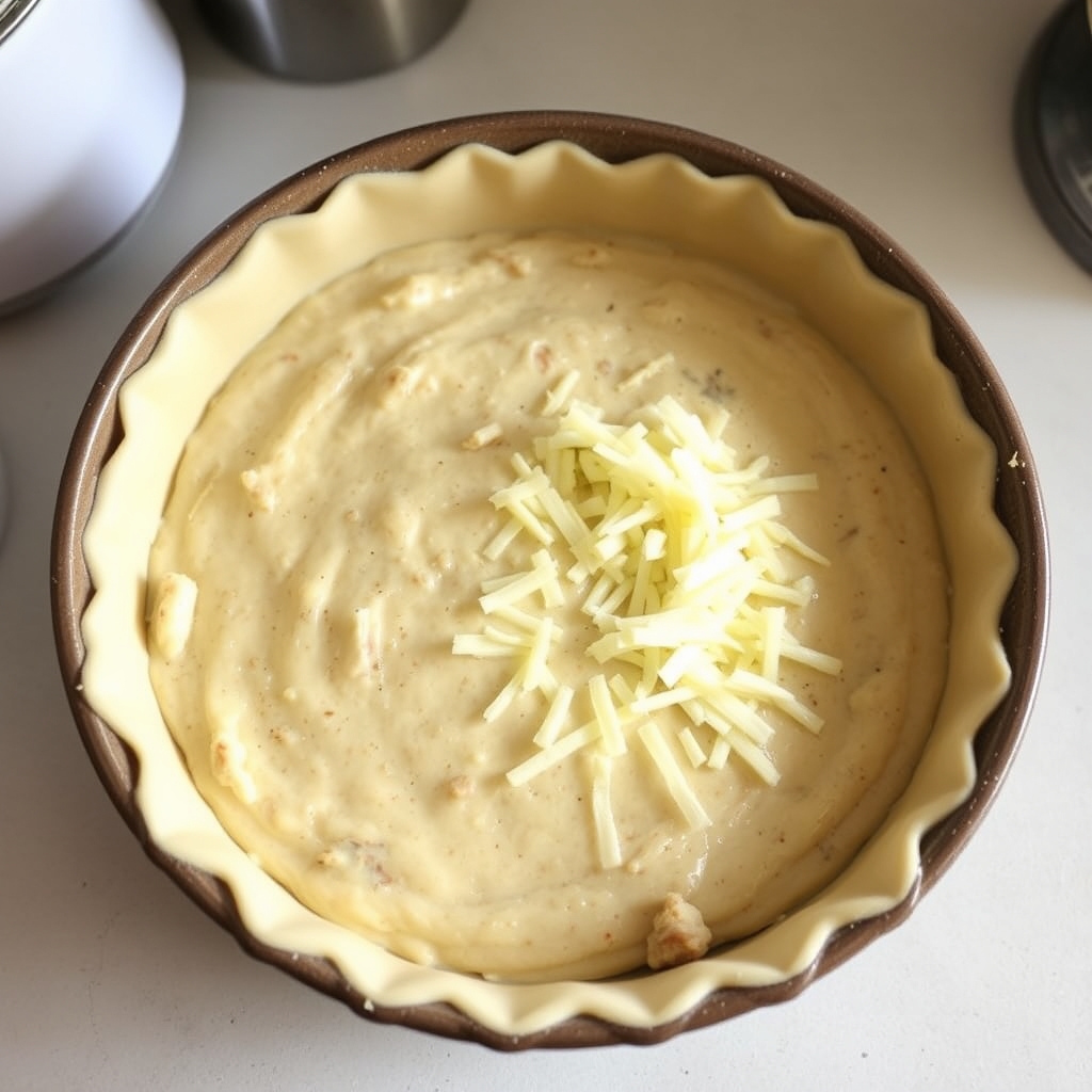 Massa da torta de atum low carb na forma, pronta para ir ao forno com queijo ralado por cima