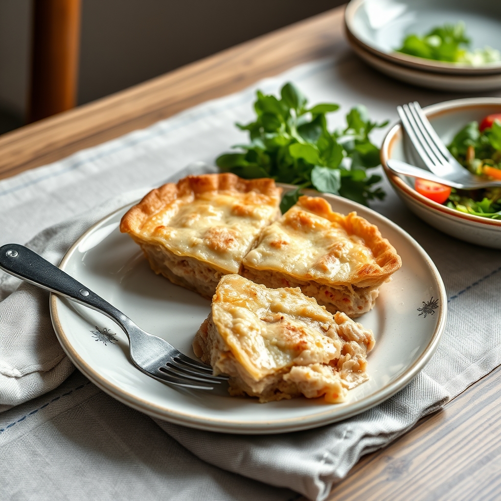 Torta de atum low carb servida em prato com salada de folhas ao lado