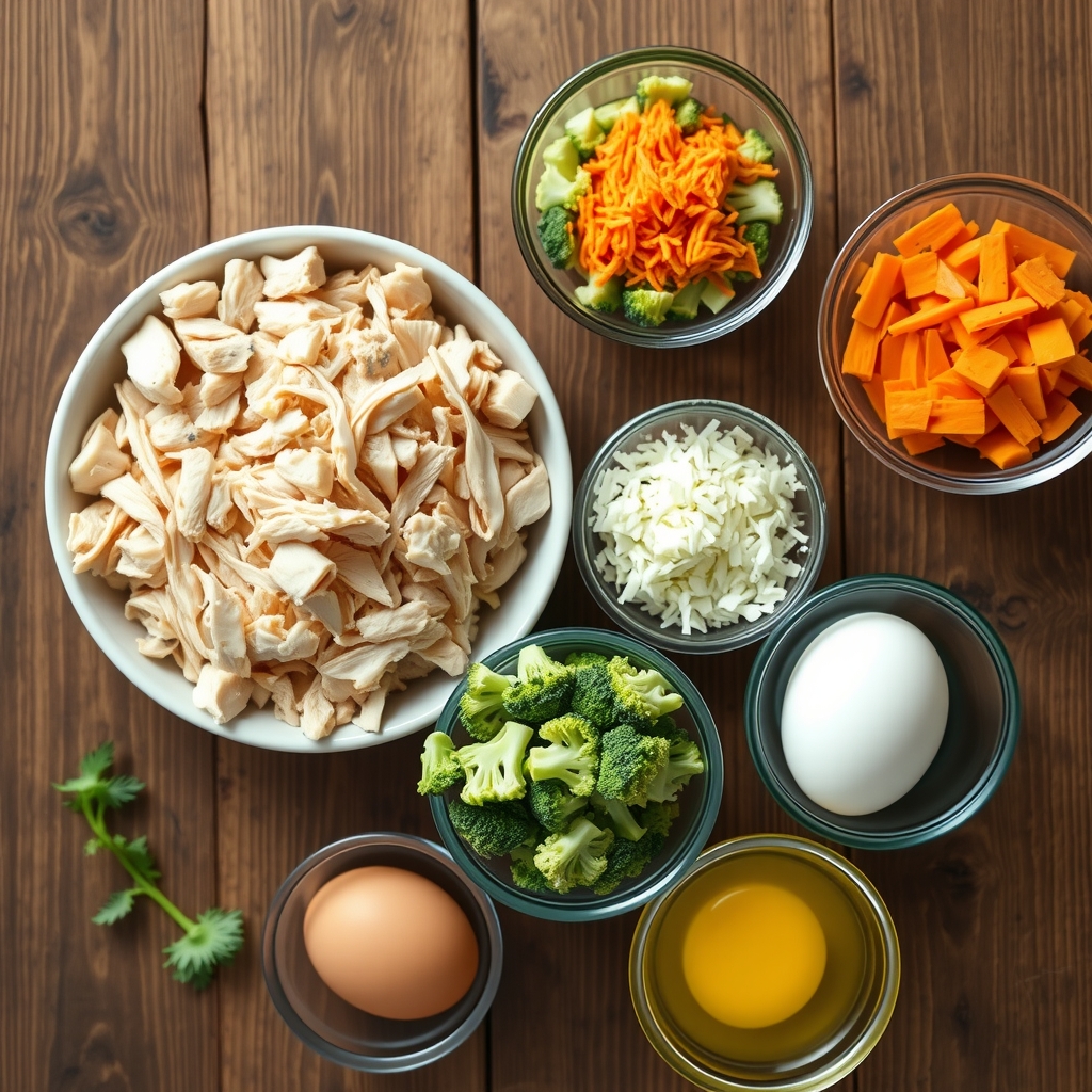 Ingredientes da torta de frango e brócolis low carb: frango desfiado, brócolis, cenoura e ovos em tigelas separadas