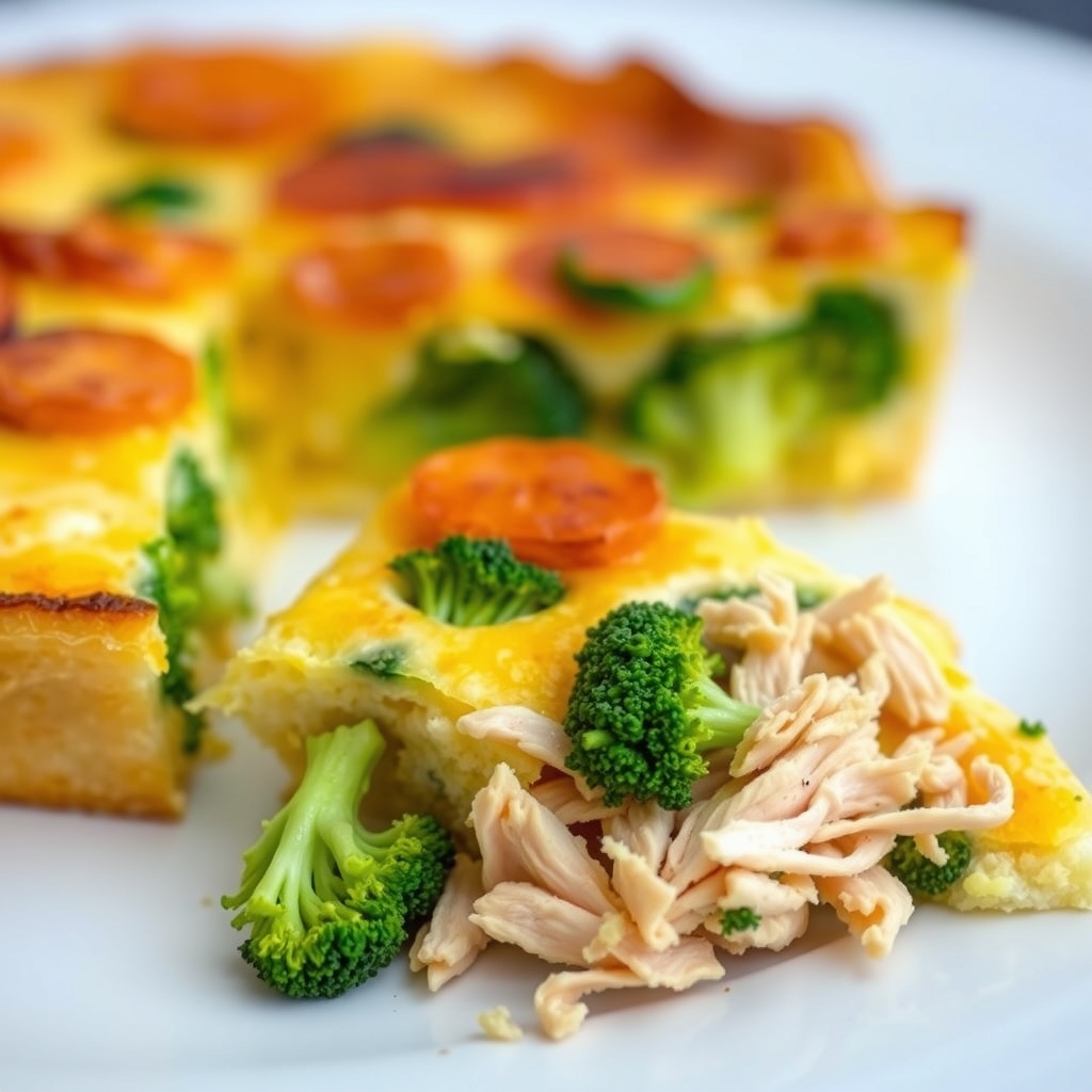 Fatia da torta de frango e brócolis low carb mostrando o recheio por dentro