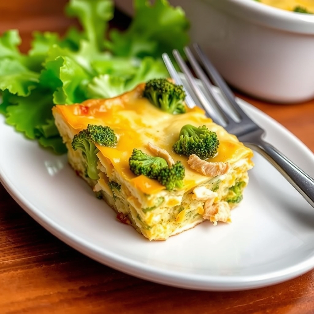 Prato pronto: Torta de frango e brócolis low carb, servida com folhas verdes