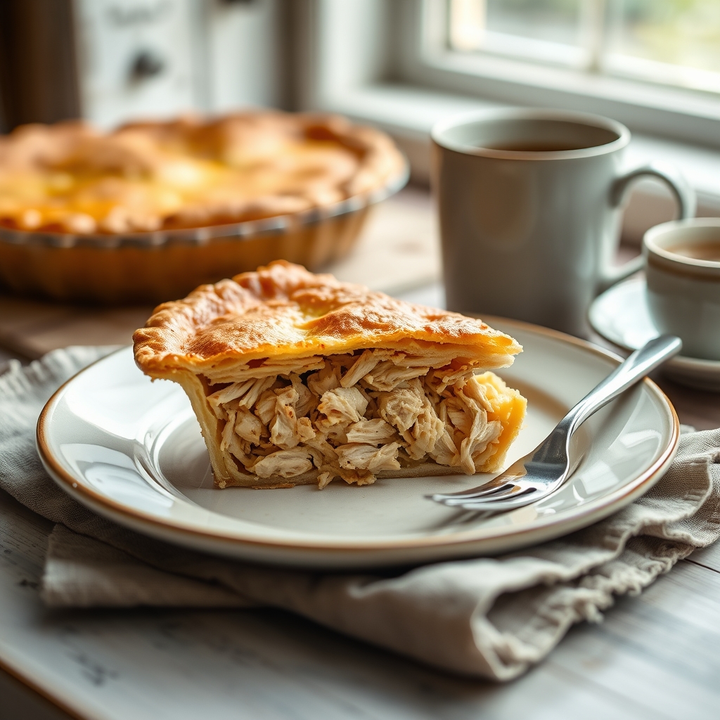 Prato pronto: Torta de frango fit, servido com uma xícara de café