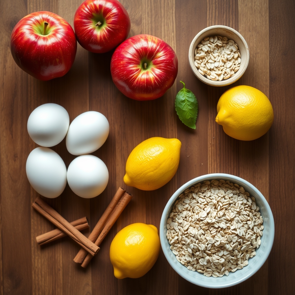 Ingredientes da torta de maçã: maçãs, ovos, aveia em flocos, canela em pau e limão sobre a bancada