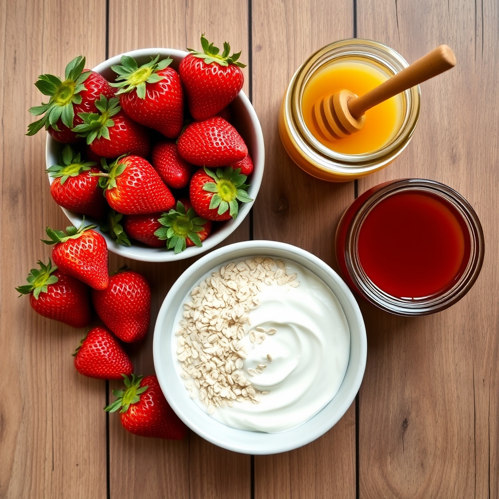 Ingredientes da torta de morango fit: morangos frescos, aveia, iogurte natural e mel