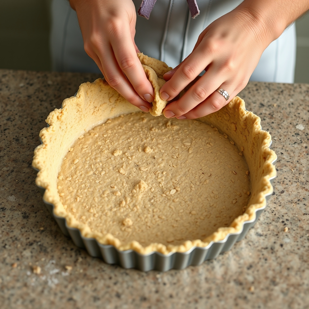 Etapa de preparo: massa de aveia sendo moldada em uma forma de torta