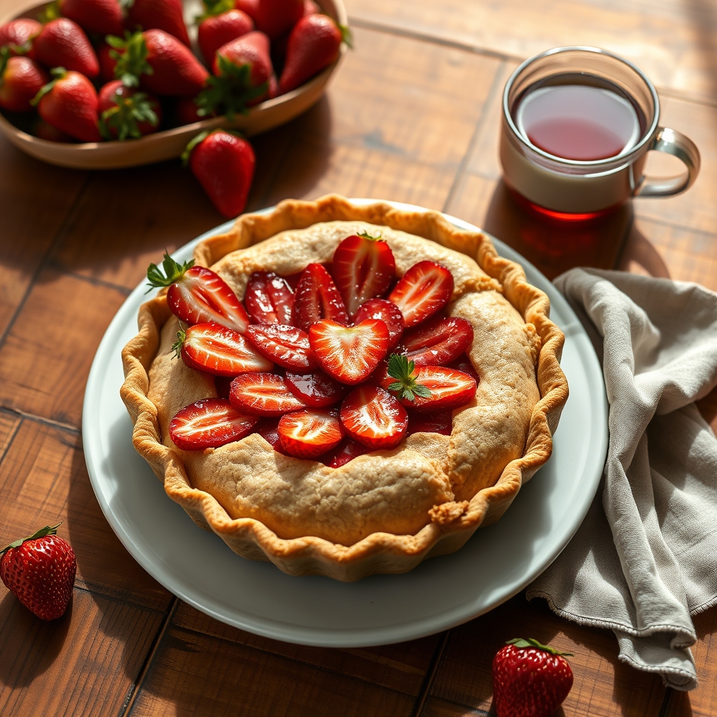 Torta de morango fit inteira, servida em um prato com morangos ao lado e uma xícara de chá