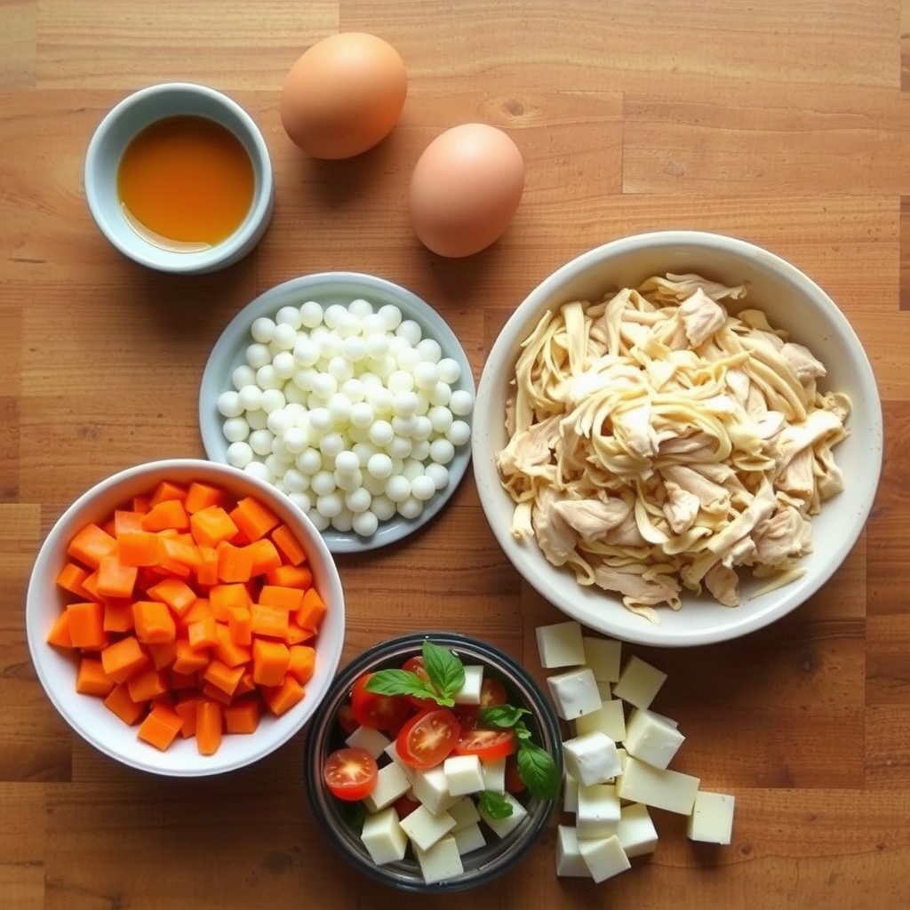 Ingredientes crus da torta de tapioca fit sobre a bancada: goma de tapioca, ovos, frango desfiado, cenoura picada, tomate e cubos de mussarela