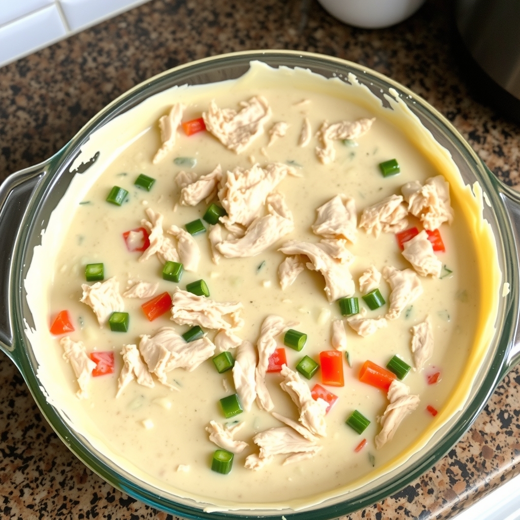 Massa crua de tapioca com frango desfiado e legumes picados dentro de um refratário de vidro, pronta para ir ao forno