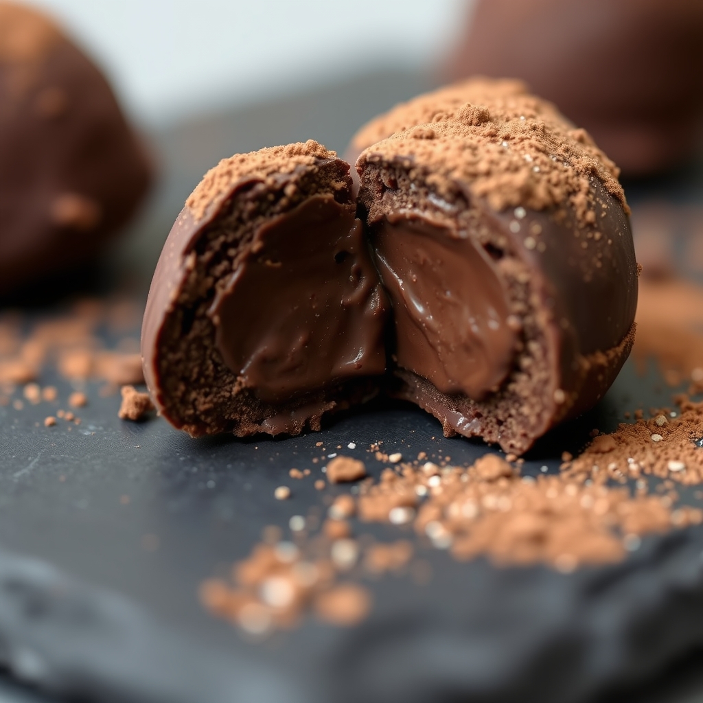 Trufa de chocolate low carb partida ao meio, mostrando o recheio cremoso por dentro