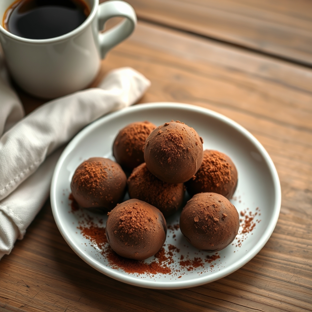 Prato pronto: trufas de chocolate low carb servidas com uma xícara de café