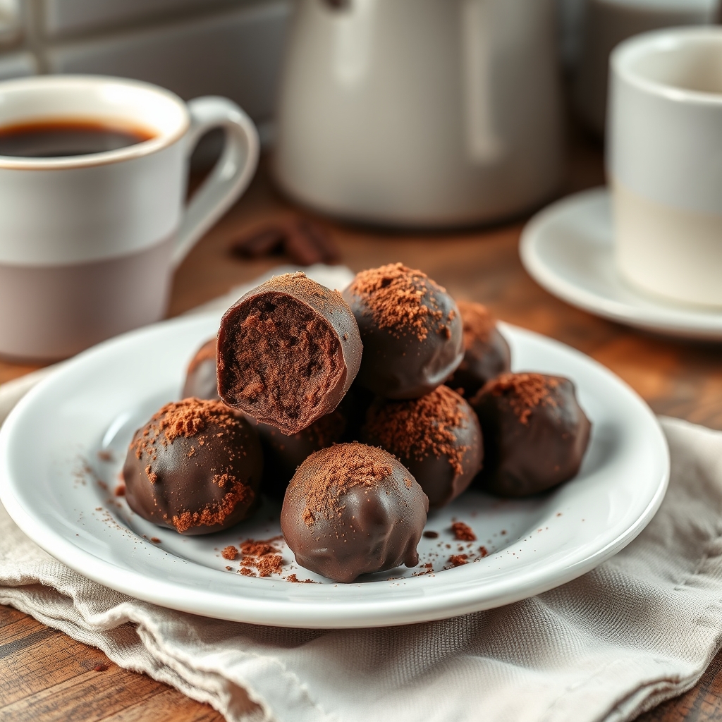 Prato pronto: Trufas de chocolate fit, servido com uma xícara de café
